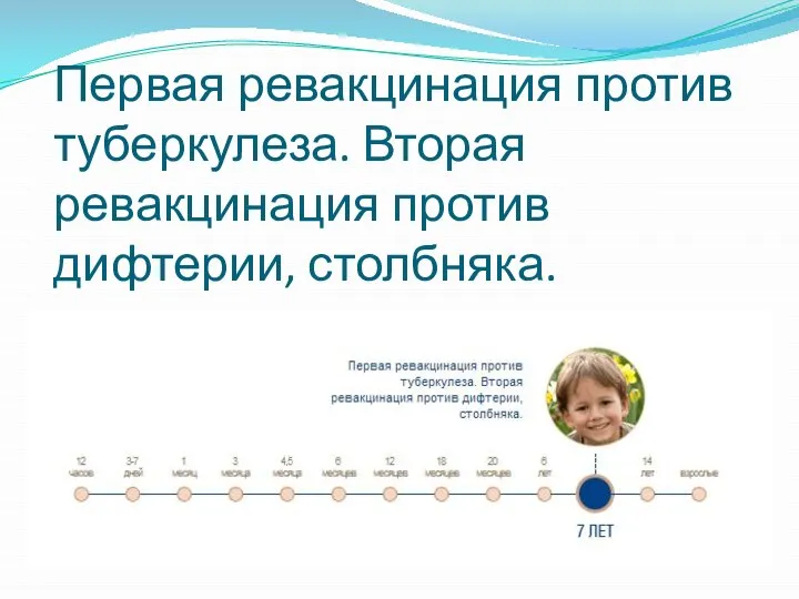 Первая ревакцинация против туберкулеза. Вторая ревакцинация против дифтерии, столбняка.