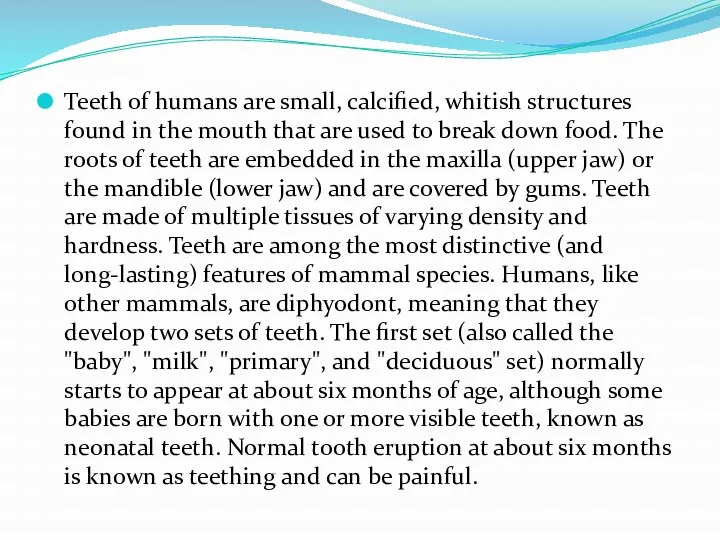 Teeth of humans are small, calcified, whitish structures found in the