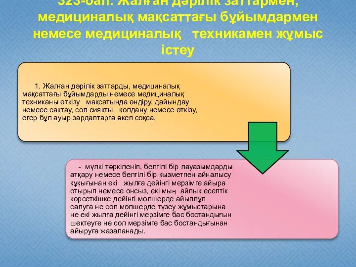 323-бап. Жалған дәрілік заттармен, медициналық мақсаттағы бұйымдармен немесе медициналық техникамен жұмыс істеу