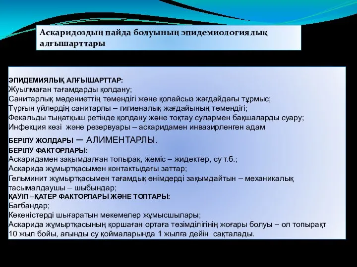 Аскаридоздың пайда болуының эпидемиологиялық алғышарттары ЭПИДЕМИЯЛЫҚ АЛҒЫШАРТТАР: Жуылмаған тағамдарды қолдану; Санитарлық