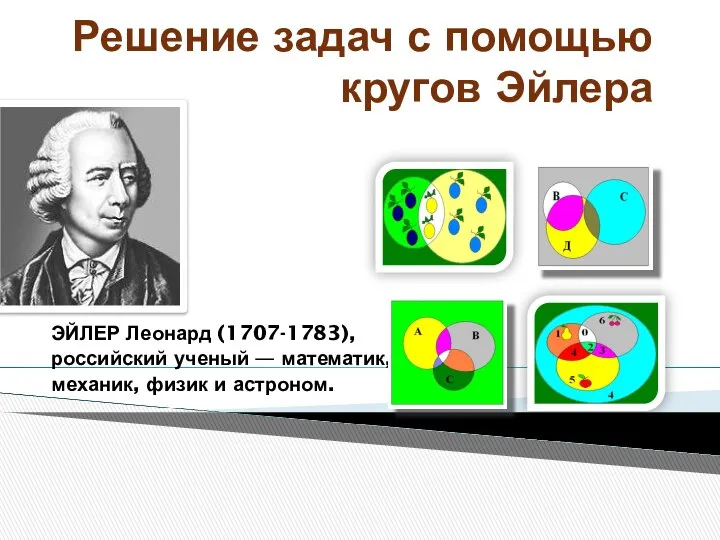 Решение задач с помощью кругов Эйлера ЭЙЛЕР Леонард (1707-1783), российский ученый