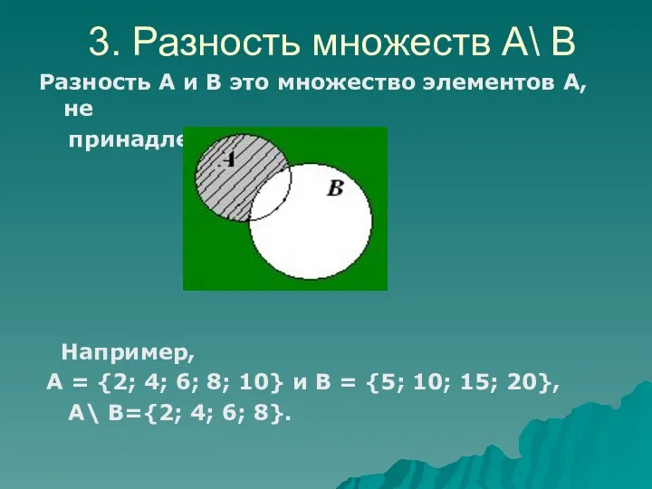 Разность А и В это множество элементов А, не принадлежащих В.