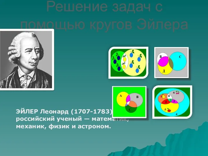 Решение задач с помощью кругов Эйлера ЭЙЛЕР Леонард (1707-1783), российский ученый