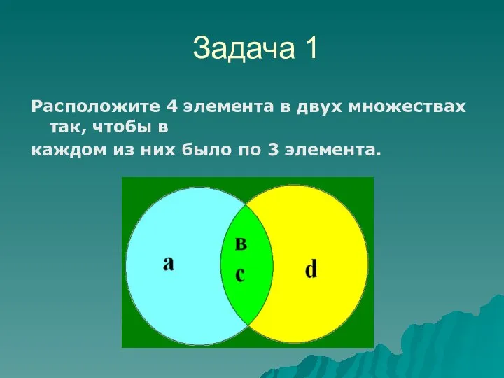 Расположите 4 элемента в двух множествах так, чтобы в каждом из