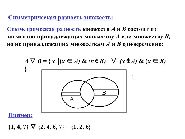 Симметрическая разность множеств: Симметрическая разность множеств A и B состоит из