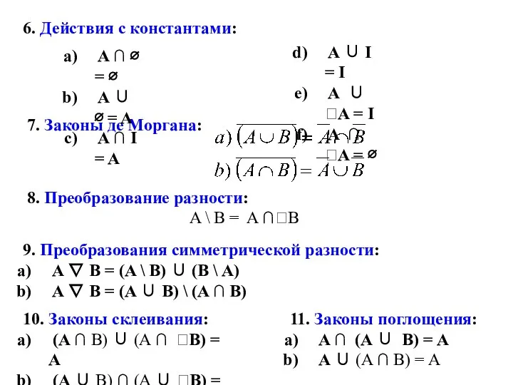 6. Действия с константами: 7. Законы де Моргана: 8. Преобразование разности: