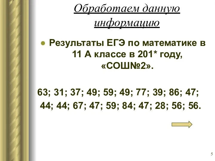 Обработаем данную информацию Результаты ЕГЭ по математике в 11 А классе