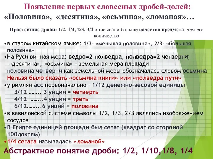 Появление первых словесных дробей-долей: «Половина», «десятина», «осьмина», «ломаная»… Простейшие дроби: 1/2,