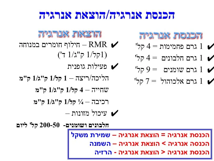 הכנסת אנרגיה/הוצאת אנרגיה RMR – חילוף חומרים במנוחה (1קל/1 ק"ג/1 ד')