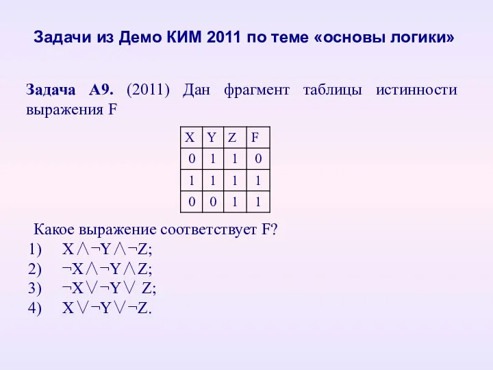 Задача А9. (2011) Дан фрагмент таблицы истинности выражения F Какое выражение