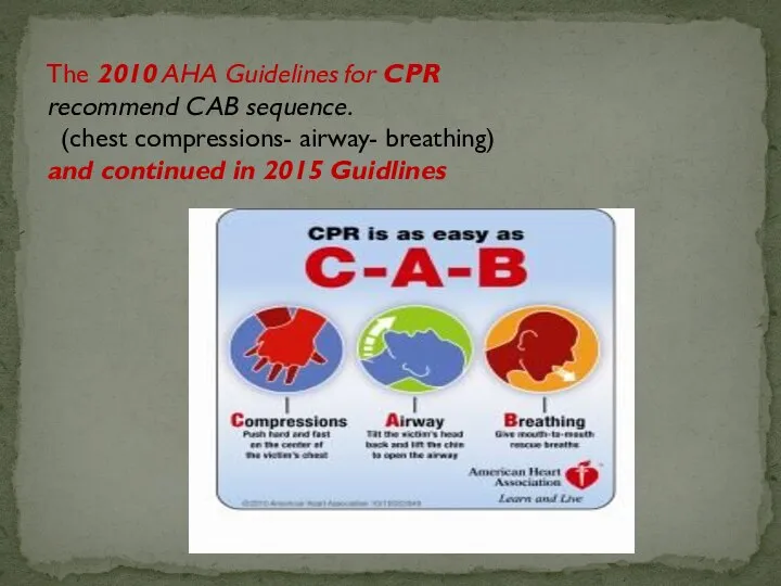 The 2010 AHA Guidelines for CPR recommend CAB sequence. (chest compressions-