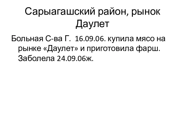 Сарыагашский район, рынок Даулет Больная С-ва Г. 16.09.06. купила мясо на