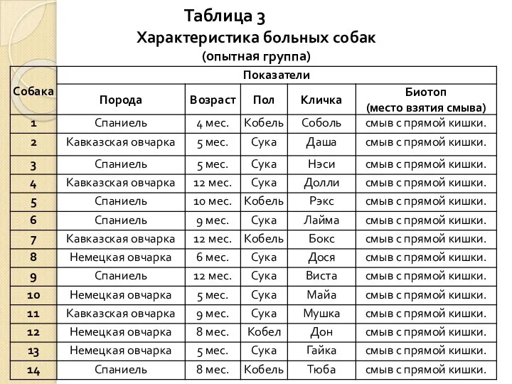 Таблица 3 Характеристика больных собак (опытная группа)