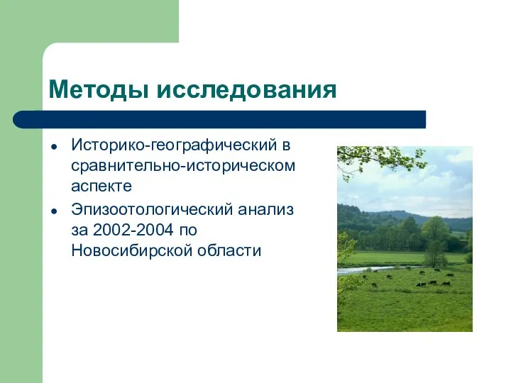 Методы исследования Историко-географический в сравнительно-историческом аспекте Эпизоотологический анализ за 2002-2004 по Новосибирской области