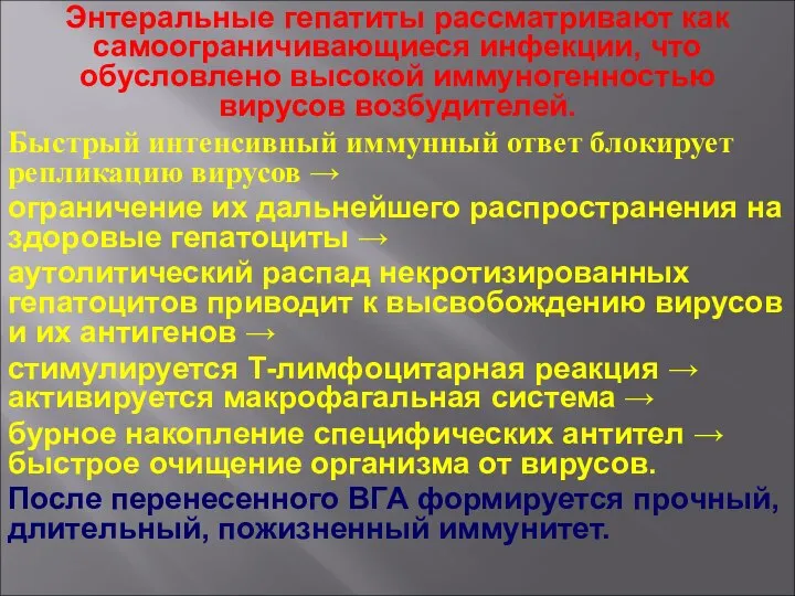 Энтеральные гепатиты рассматривают как самоограничивающиеся инфекции, что обусловлено высокой иммуногенностью вирусов