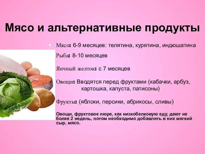 Мясо и альтернативные продукты Мясо: 6-9 месяцев: телятина, курятина, индюшатина Рыба: