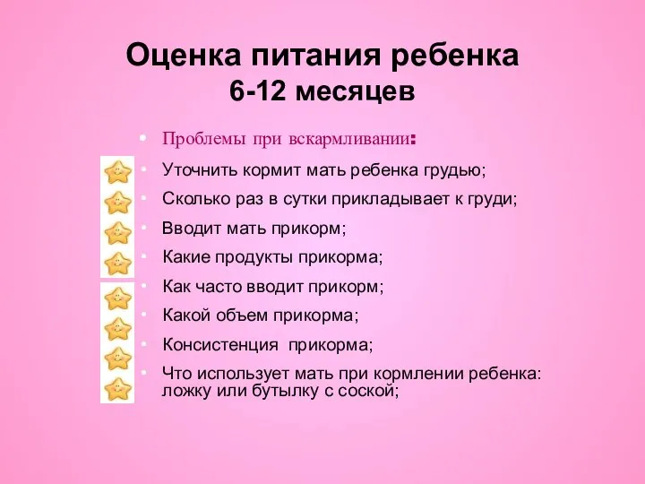 Оценка питания ребенка 6-12 месяцев Проблемы при вскармливании: Уточнить кормит мать