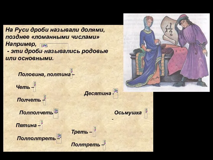 Русь На Руси дроби называли долями, позднее «ломанными числами» Например, -