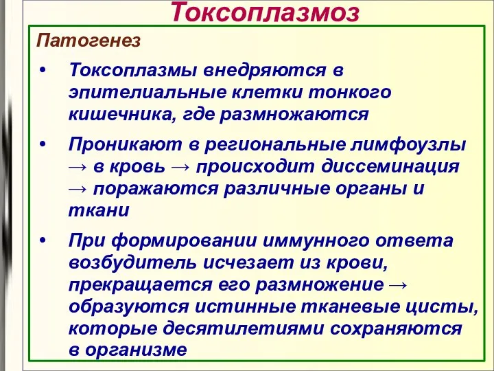 Токсоплазмоз Патогенез Токсоплазмы внедряются в эпителиальные клетки тонкого кишечника, где размножаются