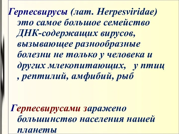 Герпесвирусы (лат. Herpesviridae) это самое большое семейство ДНК-содержащих вирусов, вызывающее разнообразные