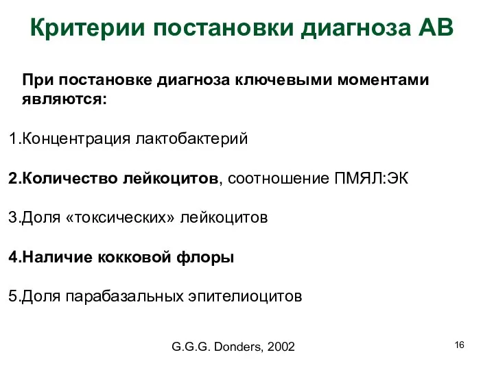 Критерии постановки диагноза АВ G.G.G. Donders, 2002 При постановке диагноза ключевыми