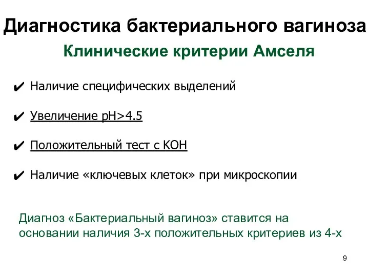 Диагностика бактериального вагиноза Клинические критерии Амселя Наличие специфических выделений Увеличение pH>4.5