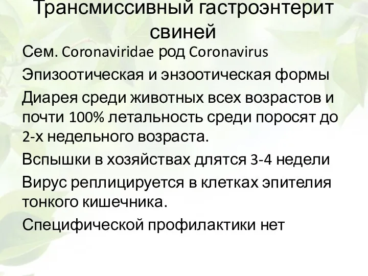 Трансмиссивный гастроэнтерит свиней Сем. Coronaviridae род Coronavirus Эпизоотическая и энзоотическая формы