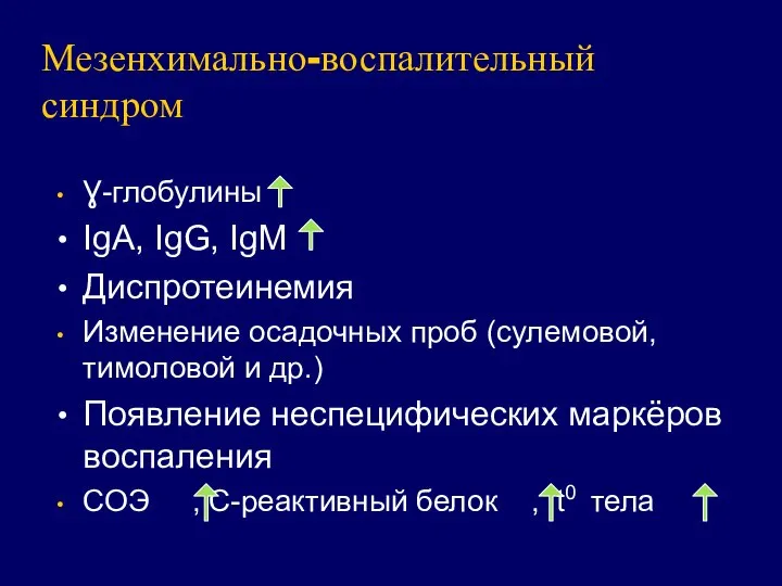 Мезенхимально-воспалительный синдром Ɣ-глобулины IgA, IgG, IgM Диспротеинемия Изменение осадочных проб (сулемовой,