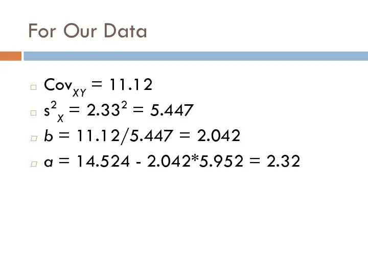 For Our Data CovXY = 11.12 s2X = 2.332 = 5.447