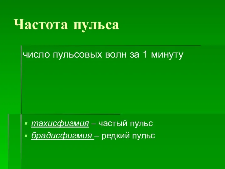 Частота пульса число пульсовых волн за 1 минуту тахисфигмия – частый пульс брадисфигмия – редкий пульс