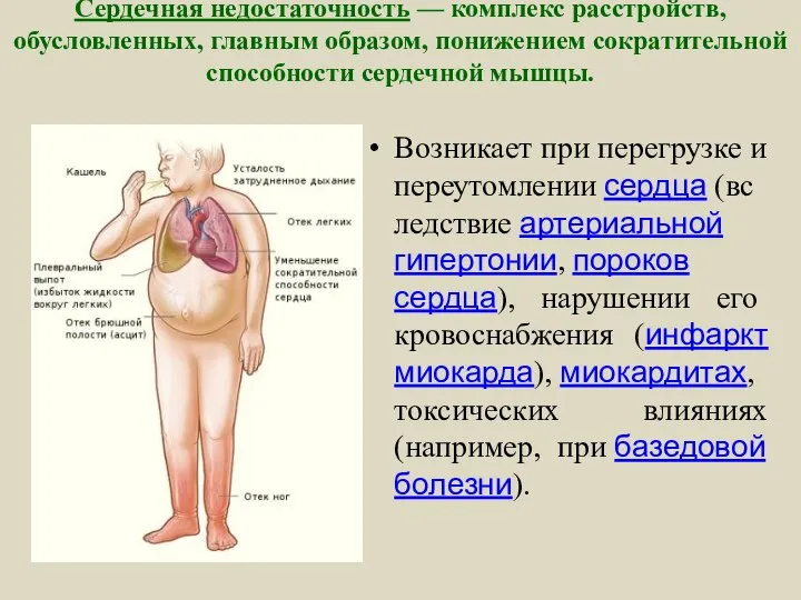 Серде́чная недоста́точность — комплекс расстройств, обусловленных, главным образом, понижением сократительной способности