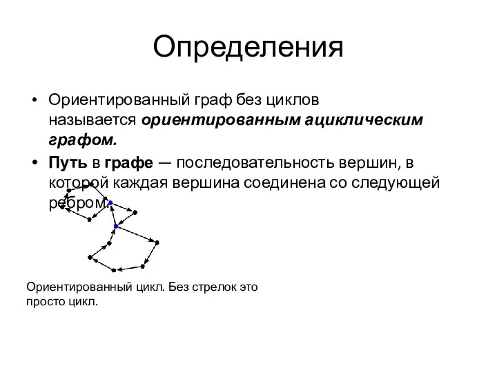 Определения Ориентированный граф без циклов называется ориентированным ациклическим графом. Путь в