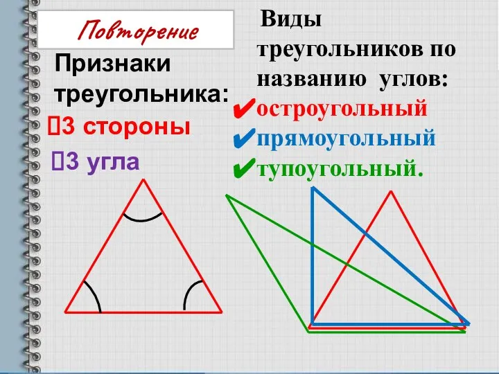 Виды треугольников по названию углов: остроугольный прямоугольный тупоугольный. Признаки треугольника: 3 стороны 3 угла Повторение