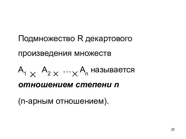 Подмножество R декартового произведения множеств A1 A2 … An называется отношением степени n (n-арным отношением).