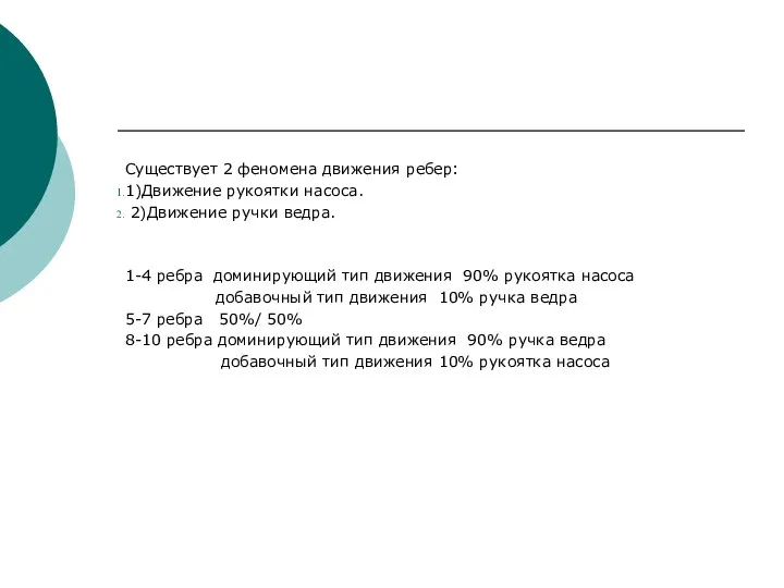 Существует 2 феномена движения ребер: 1)Движение рукоятки насоса. 2)Движение ручки ведра.