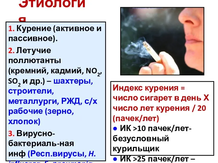 Этиология 1. Курение (активное и пассивное). 2. Летучие поллютанты (кремний, кадмий,