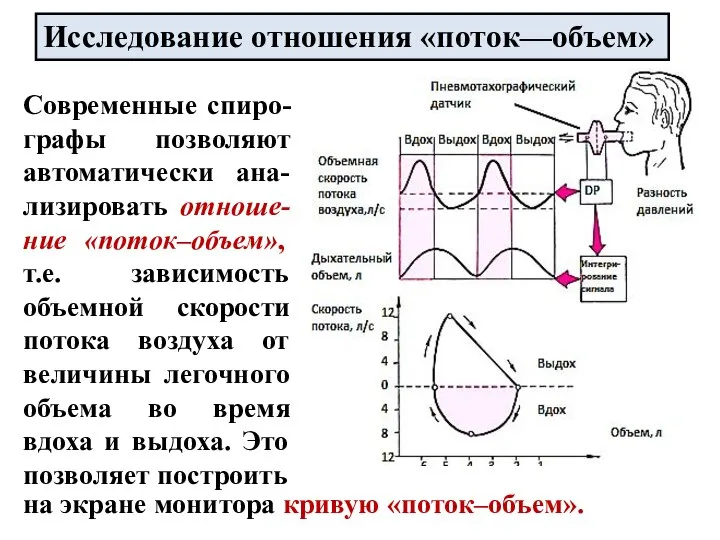 Исследование отношения «поток—объем» Современные спиро-графы позволяют автоматически ана-лизировать отноше-ние «поток–объем», т.е.