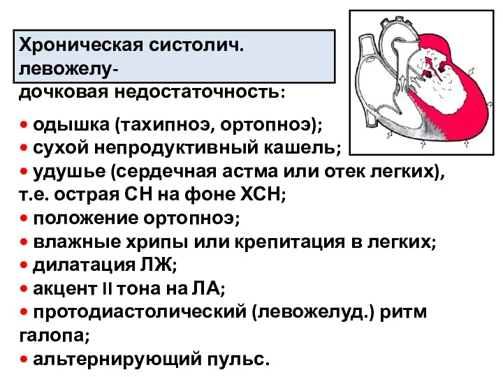 Хроническая систолич. левожелу- дочковая недостаточность: • одышка (тахипноэ, ортопноэ); • сухой