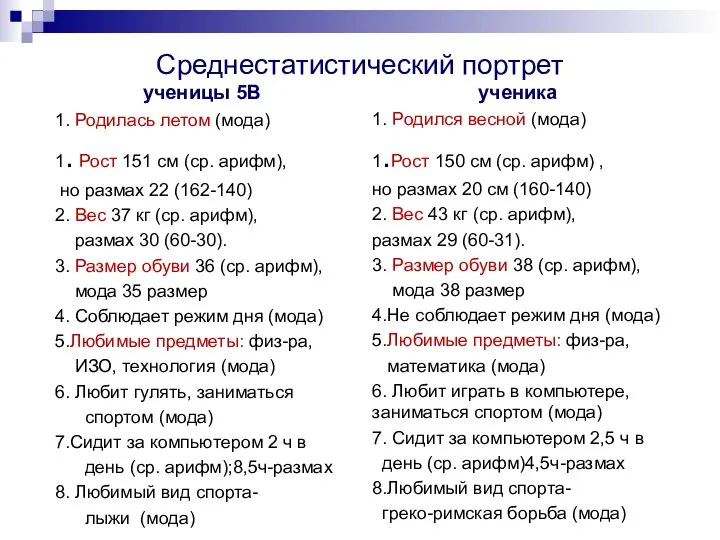 Среднестатистический портрет ученицы 5В 1. Родилась летом (мода) 1. Рост 151