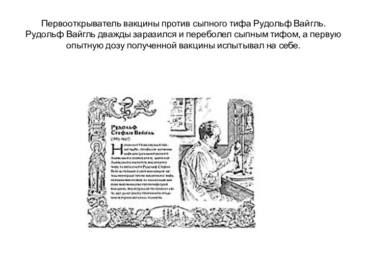 Первооткрыватель вакцины против сыпного тифа Рудольф Вайгль. Рудольф Вайгль дважды заразился