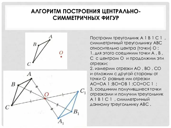 АЛГОРИТМ ПОСТРОЕНИЯ ЦЕНТРАЛЬНО-СИММЕТРИЧНЫХ ФИГУР Построим треугольник A 1 B 1 C