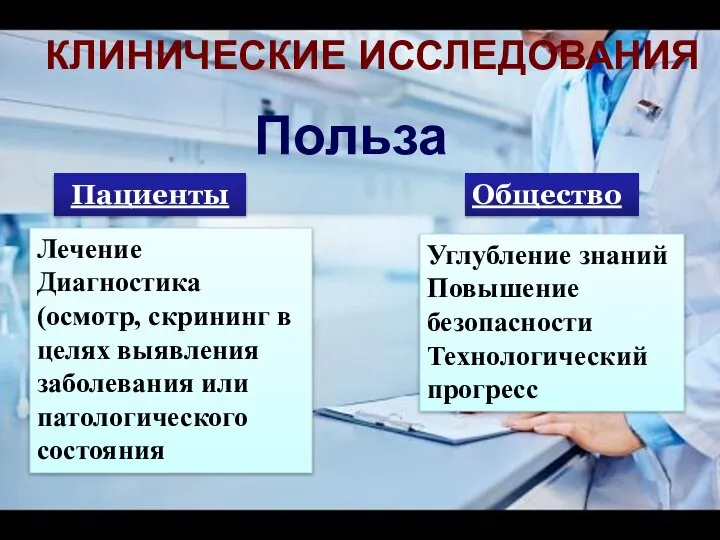 КЛИНИЧЕСКИЕ ИССЛЕДОВАНИЯ Польза Пациенты Общество Лечение Диагностика (осмотр, скрининг в целях