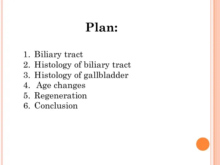 Plan: Biliary tract Histology of biliary tract Histology of gallbladder Age changes Regeneration Conclusion