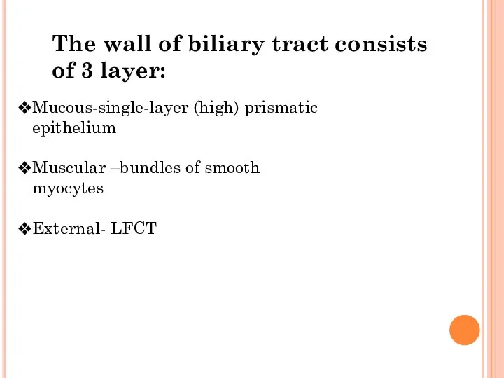 The wall of biliary tract consists of 3 layer: Mucous-single-layer (high)