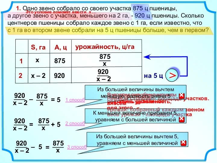 Это условие поможет нам составить уравнение. В другой столбик внесем Урожай,