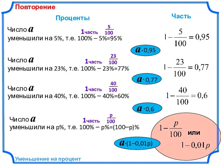 Уменьшение на процент уменьшили на 5%, т.е. 100% – 5%=95% Проценты