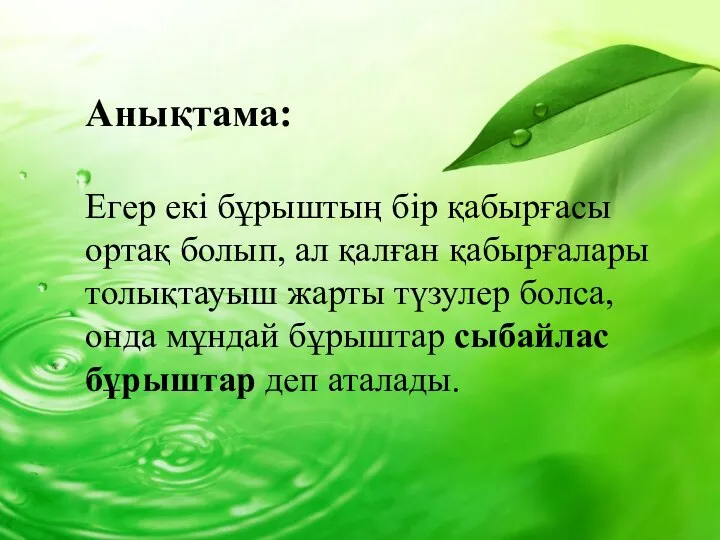 Анықтама: Егер екі бұрыштың бір қабырғасы ортақ болып, ал қалған қабырғалары