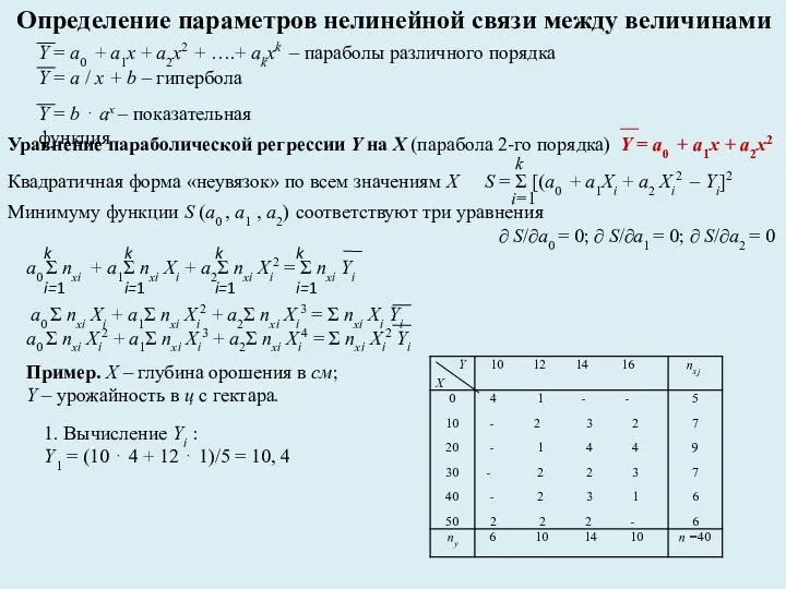 Определение параметров нелинейной связи между величинами Квадратичная форма «неувязок» по всем