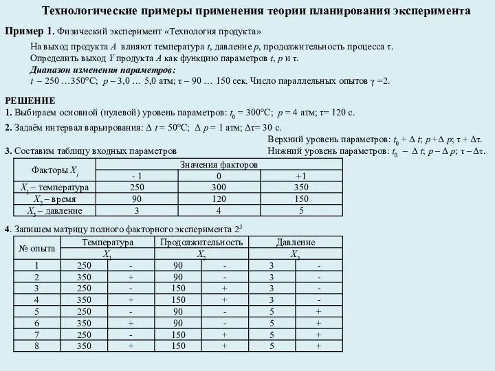 Технологические примеры применения теории планирования эксперимента Пример 1. Физический эксперимент «Технология