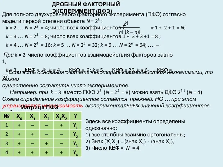 ДРОБНЫЙ ФАКТОРНЫЙ ЭКСПЕРИМЕНТ (ДФЭ) При k = 2 число коэффициентов взаимодействия